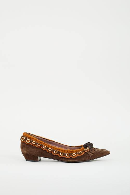 Miu Miu Brown Suede & Orange Knit Flat