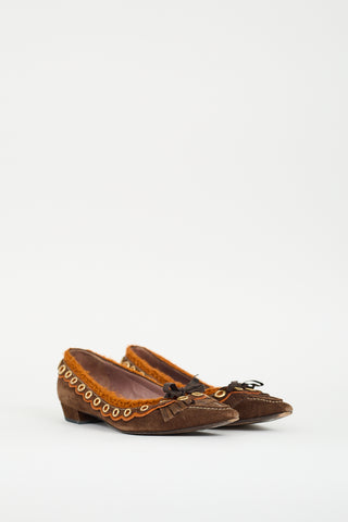 Miu Miu Brown Suede & Orange Knit Flat