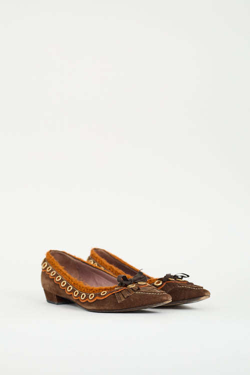 Miu Miu Brown Suede & Orange Knit Flat