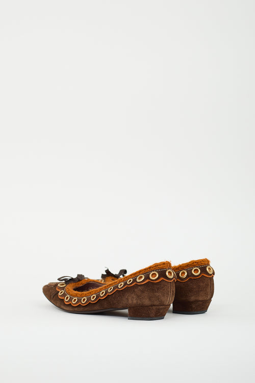 Miu Miu Brown Suede & Orange Knit Flat