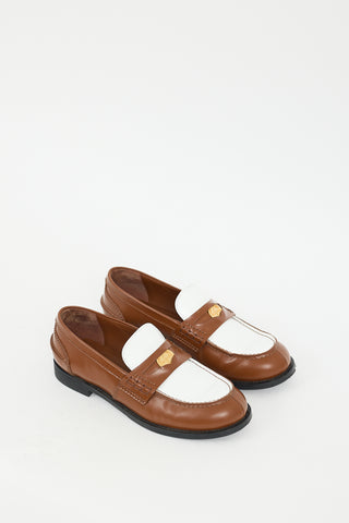 Miu Miu Brown & White Leather Logo Penny Loafer