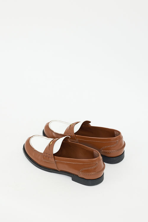 Miu Miu Brown & White Leather Logo Penny Loafer