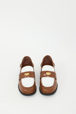 Miu Miu Brown & White Leather Logo Penny Loafer