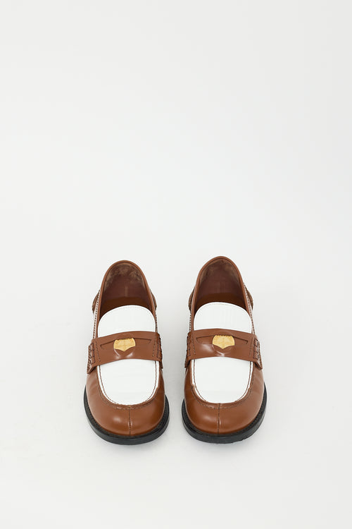 Miu Miu Brown & White Leather Logo Penny Loafer