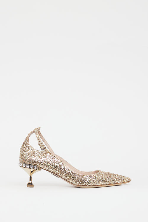 Miu Miu Gold Glitter Pointed Toe Heel