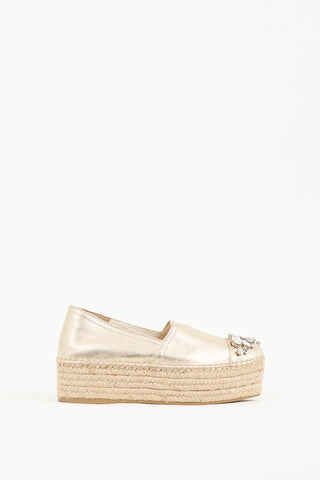 Miu Miu Gold Metallic Leather Embellished Platform Espadrille