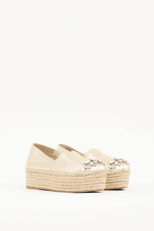 Miu Miu Gold Metallic Leather Embellished Platform Espadrille