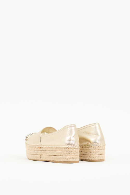 Miu Miu Gold Metallic Leather Embellished Platform Espadrille