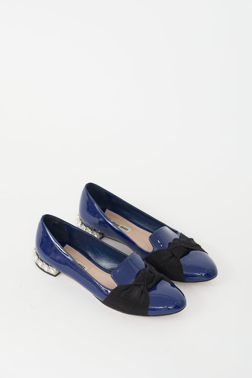 Miu Miu Navy Patent Leather Bow & Crystal Flat