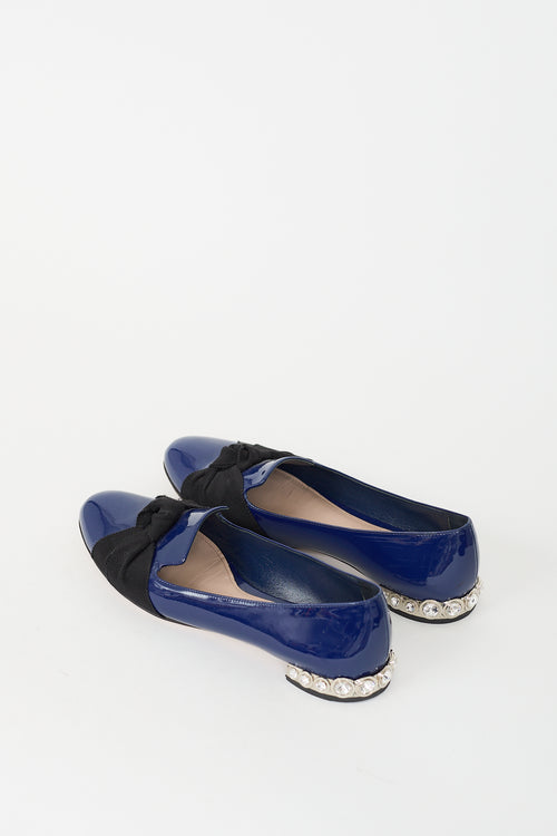 Miu Miu Navy Patent Leather Bow & Crystal Flat