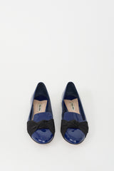 Miu Miu Navy Patent Leather Bow & Crystal Flat