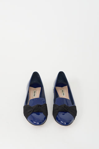 Miu Miu Navy Patent Leather Bow & Crystal Flat