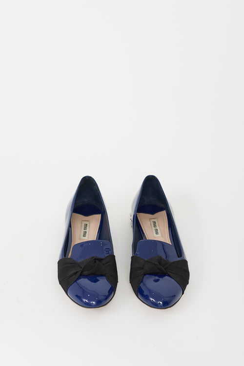 Miu Miu Navy Patent Leather Bow & Crystal Flat