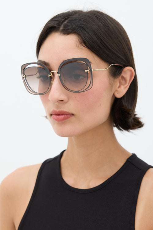 Miu Miu Pink & Gold SMU54S Square Cut Out Sunglasses