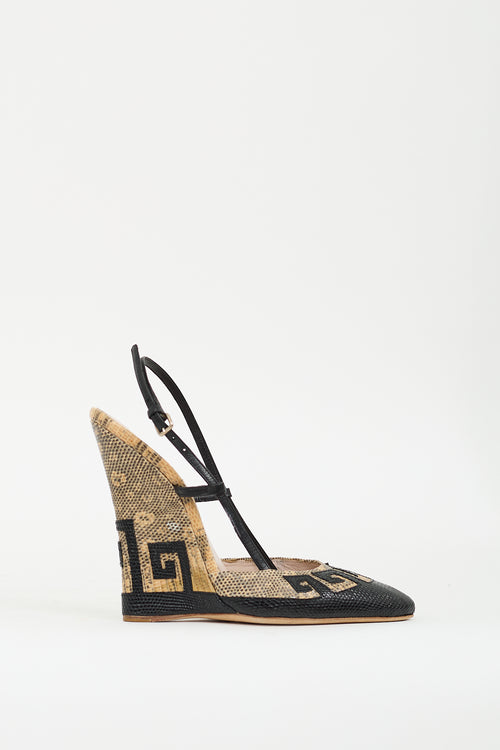 Miu Miu SS 2009 Black & Beige Embossed Leather Wedge  Sandal