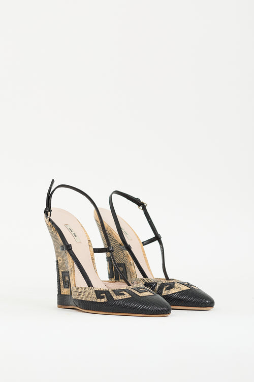 Miu Miu SS 2009 Black & Beige Embossed Leather Wedge  Sandal