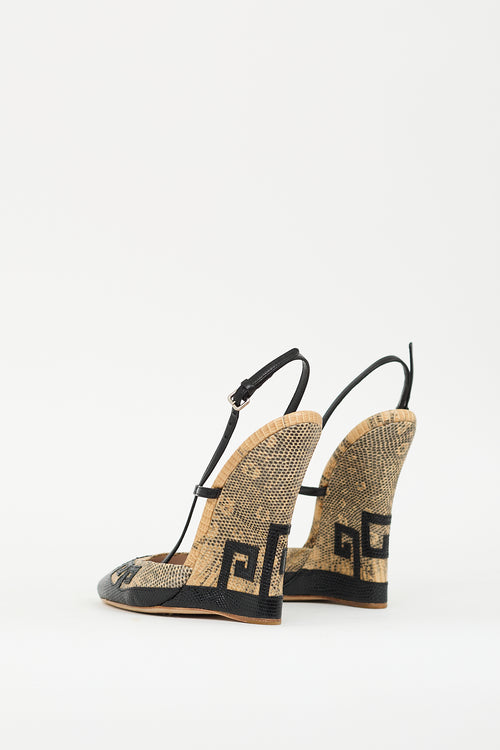 Miu Miu SS 2009 Black & Beige Embossed Leather Wedge  Sandal