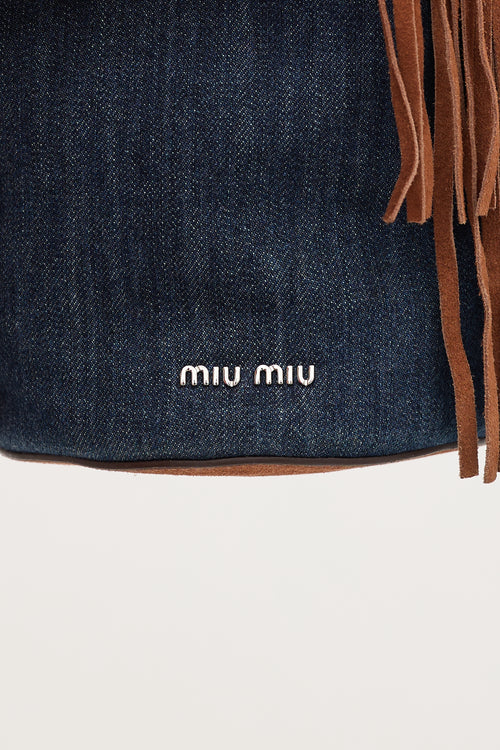 Miu Miu Suede & Denim Fringe Bucket Bag