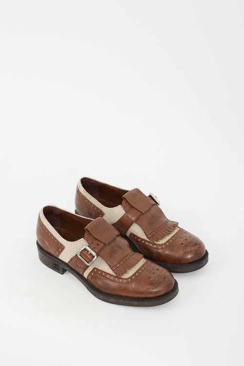 Miu Miu X Church's Brown Leather & Beige Canvas Kiltie Fringe Brogue