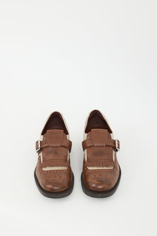 Miu Miu X Church's Brown Leather & Beige Canvas Kiltie Fringe Brogue