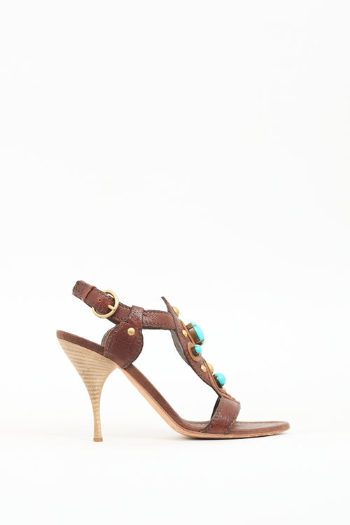 Miu Miu Vintage Brown Leather Turquoise Sandal