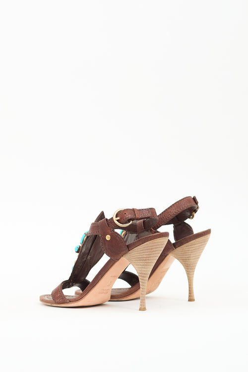 Miu Miu Vintage Brown Leather Turquoise Sandal