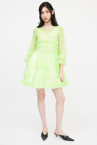 Molly Goddard Green Sheer Sparkly Nylon Tier Dress