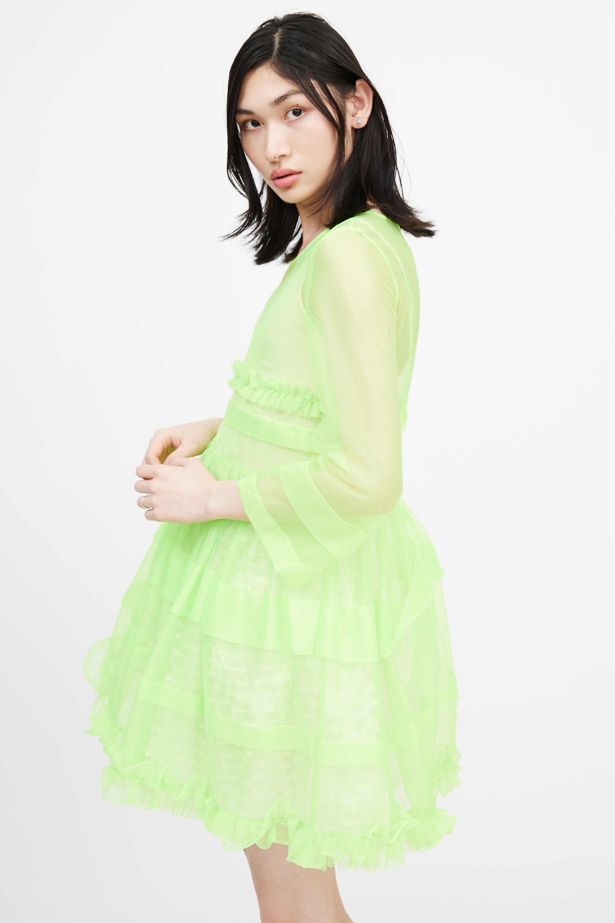 Molly Goddard // Green Sheer Sparkly Nylon Tier Dress VSP Consignment Molly Goddard // Green Sheer Sparkly Nylon Tier Dress VSP Consignment