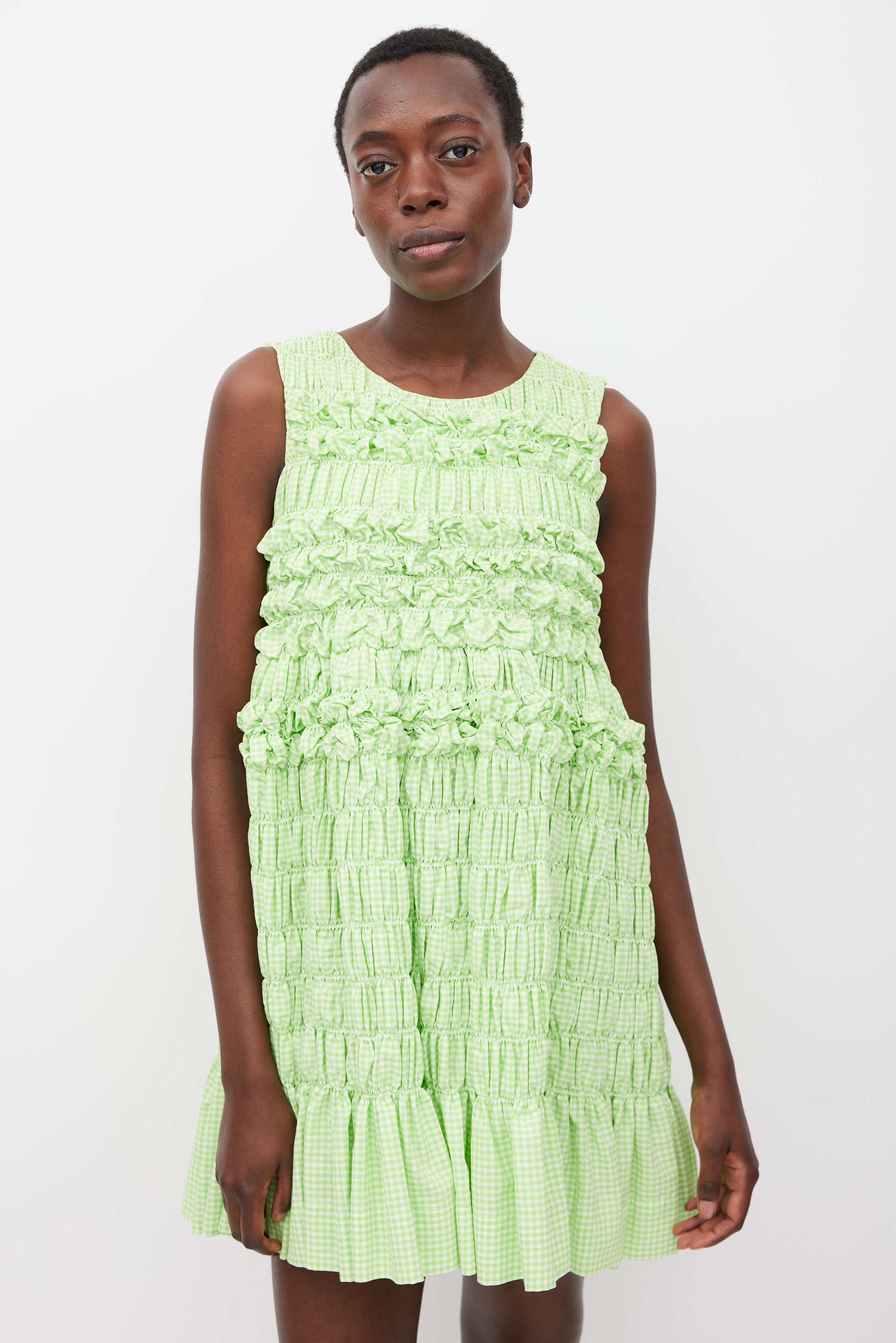 Molly Goddard // Resort 2018 Green & White Checked Shirred Dress VSP Consignment Molly Goddard // Resort 2018 Green & White Checked Shirred Dress VSP Consignment
