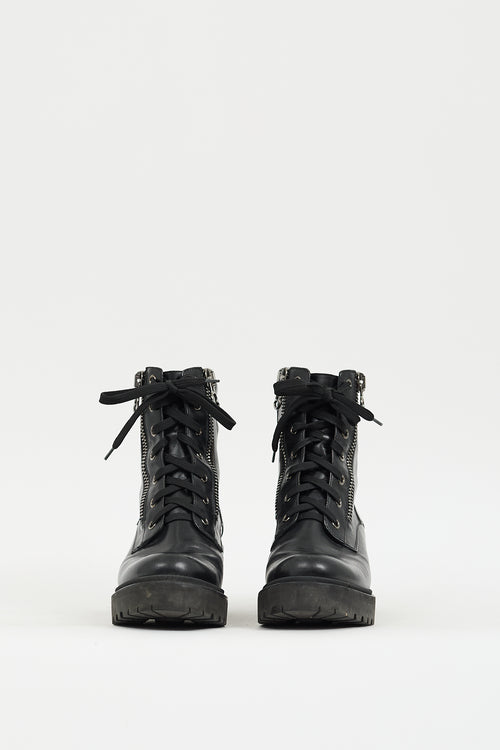 Moncler Black Leather Viviane Heeled Platform Combat Boot