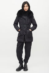 Moncler Black Loup Fur Collar Belted Down Jacket
