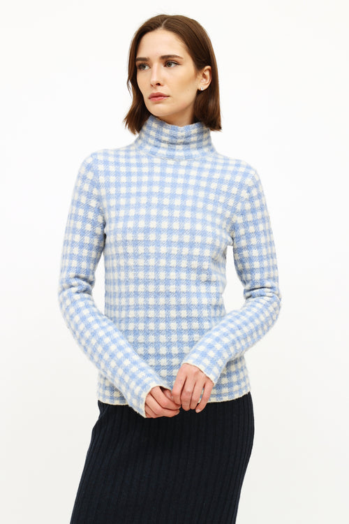 Moncler Blue and White Gingham Turtleneck Sweater