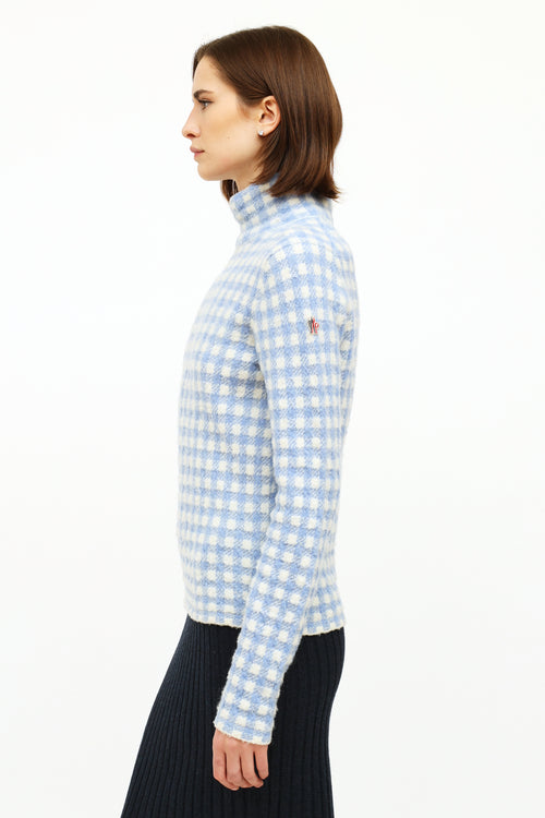 Moncler Blue and White Gingham Turtleneck Sweater