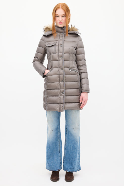 Moncler Grey Down & Fur Trim Hemifur Puffer Coat