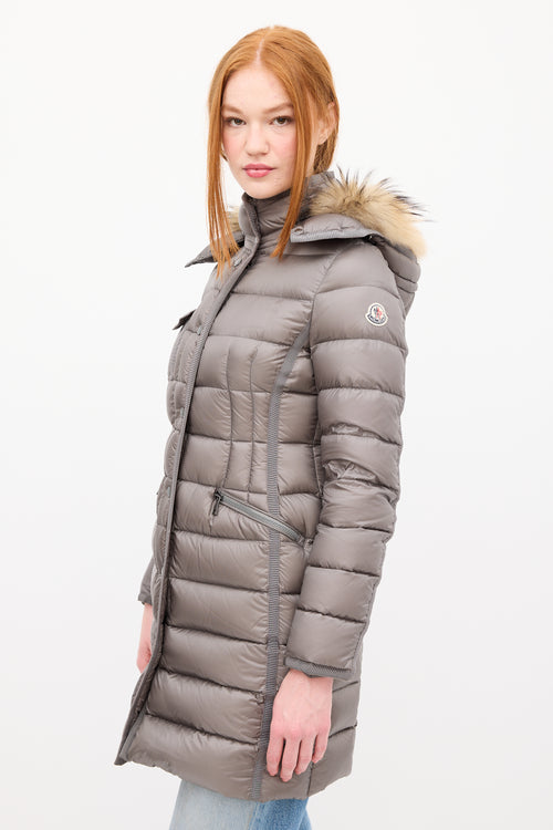 Moncler Grey Down & Fur Trim Hemifur Puffer Coat