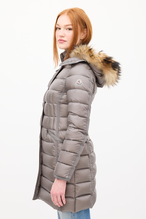 Moncler Grey Down & Fur Trim Hemifur Puffer Coat