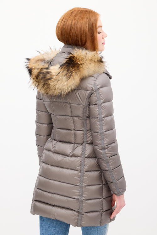 Moncler Grey Down & Fur Trim Hemifur Puffer Coat