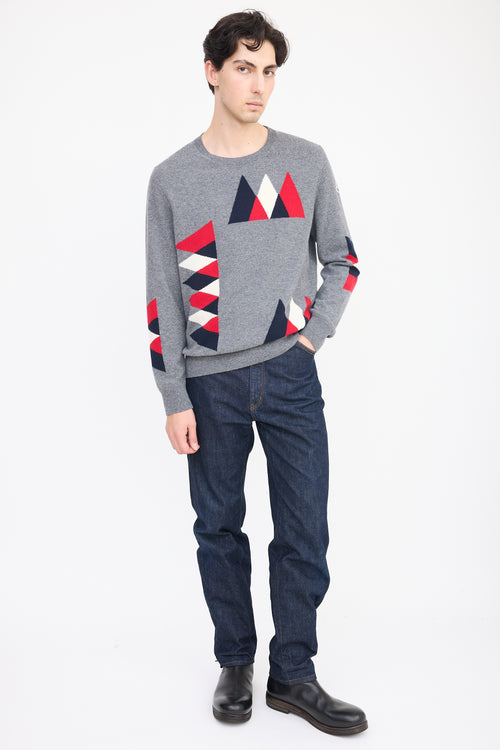 Moncler Grey & Multicolour Wool Geometric Knit Sweater