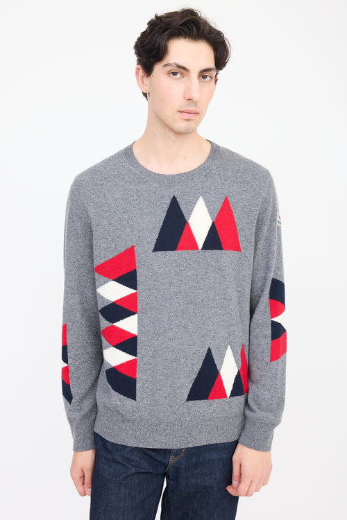 Moncler Grey & Multicolour Wool Geometric Knit Sweater