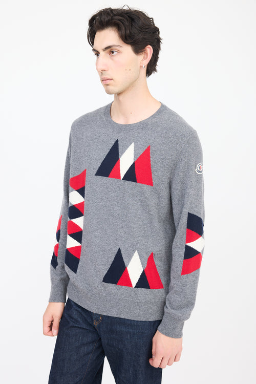 Moncler Grey & Multicolour Wool Geometric Knit Sweater