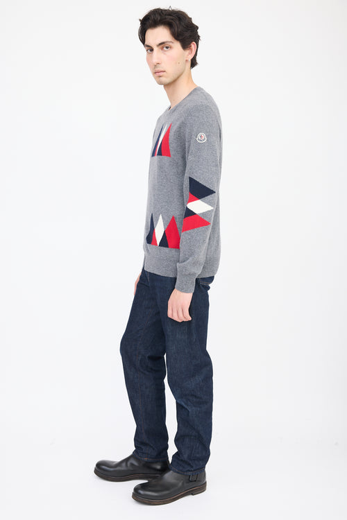 Moncler Grey & Multicolour Wool Geometric Knit Sweater