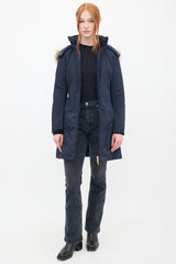 Moncler Navy Down & Fur Trim Belted Coat