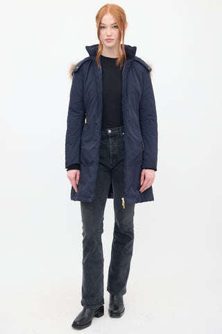 Moncler Navy Down & Fur Trim Belted Coat