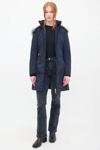Moncler Navy Down & Fur Trim Belted Coat