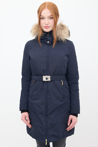 Moncler Navy Down & Fur Trim Belted Coat