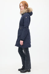 Moncler Navy Down & Fur Trim Belted Coat