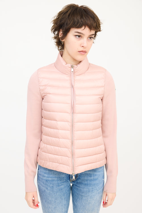 Moncler Pink Wool Sleeve & Nylon Shell Puffer Jacket