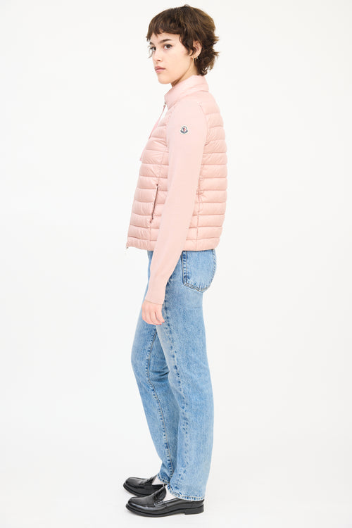 Moncler Pink Wool Sleeve & Nylon Shell Puffer Jacket