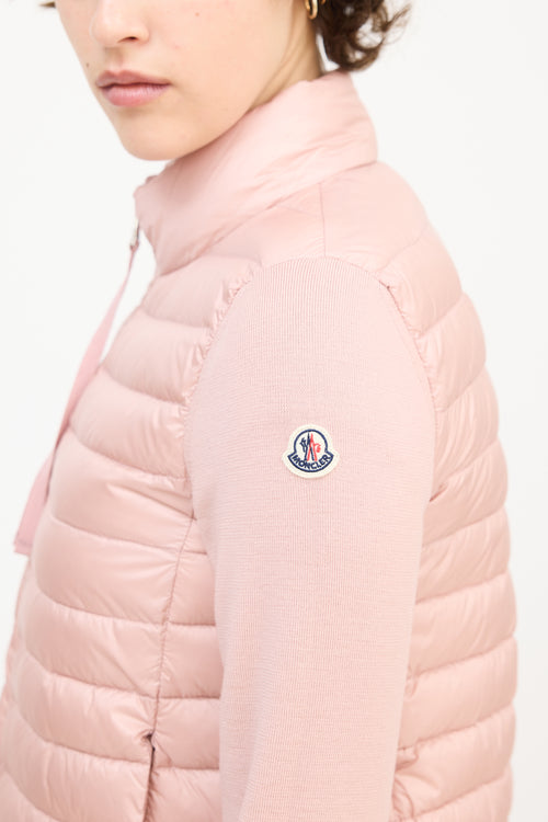 Moncler Pink Wool Sleeve & Nylon Shell Puffer Jacket