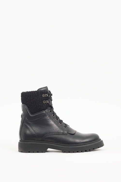 Moncler Black Leather & Tweed Combat Boot